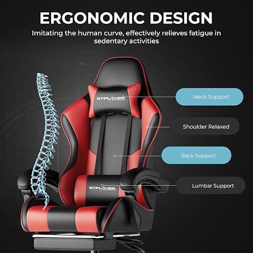 GTPLAYER Gaming Chair, Computer Chair with Footrest and Lumbar Support, Height Adjustable Game Chair with 360°-Swivel Seat and Headrest and for Office or Gaming (Faux Leather, Red) thumbnail 8