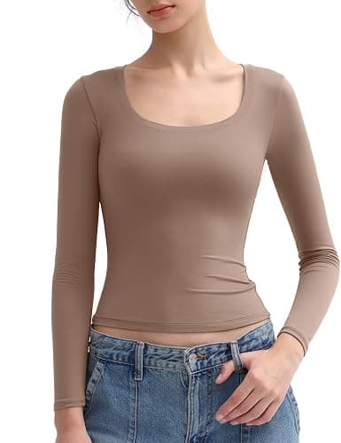 PUMIEY Women's Long Sleeve T Shirts Scoop Neck Slim Fit Going Out Tops Double Lined Basic Tee Smoke Cloud Collection - Image 1