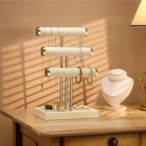 3 Tier Bracelet Holder Display - Beige Velvet Jewelry Organizer Stand, Detachable T Bar Jewelry Holder for Bracelet, Necklace, Watches, Rings thumbnail 4