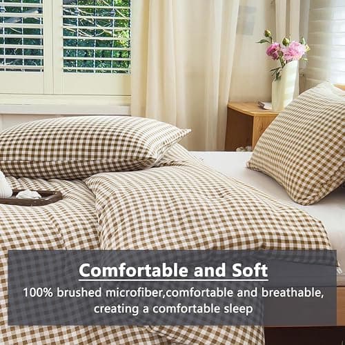 NSNLGSGC Tan Gingham King Comforter Set, 3 Pieces | Brown Grid Bed Comforter, 3 Pieces, 1 Comforter, 2 Pillowcases thumbnail 4