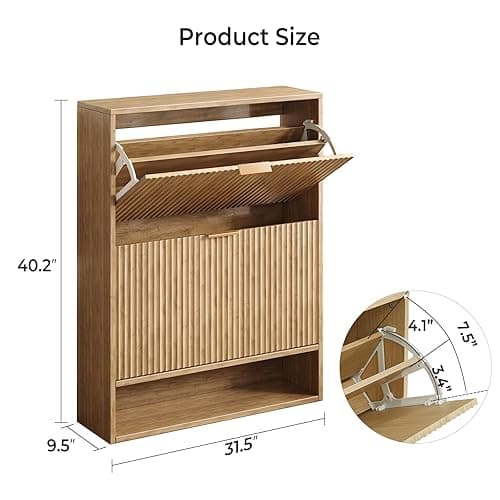 Hootata 31.5''W Oak Shoe Storage Cabinet for Entryway with 2 Flip Drawers, Fluted Slim Shoe Cabinet, Free Standing Wooden Shoes Organizer for Foyer, Hallway - 2-Drawer - Oak thumbnail 2