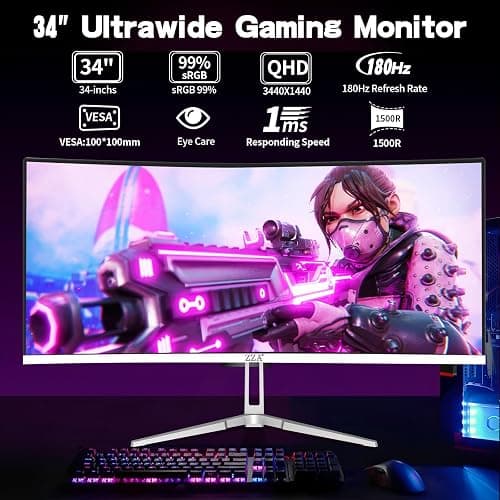 ZZA UltraWide 34 Inch Curved Monitor 1500R PC Screen 180hz Refresh Rate WQHD 3440x1440 Computer Gaming Monitor VA PanelAMD FreeSync Premium | HDR10 | 99% sRGB | VESA thumbnail 3