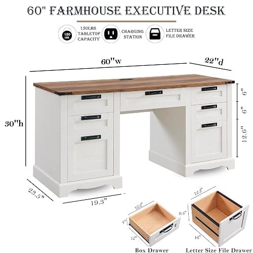 RedLemon 60" Farmhouse Executive Desk with Drawers, Wood Home Office Desk w/Charging Station, Keyboard Tray, File Drawer, Storage Cabinet, Rustic Computer Writing Desk (Antique White) thumbnail 2