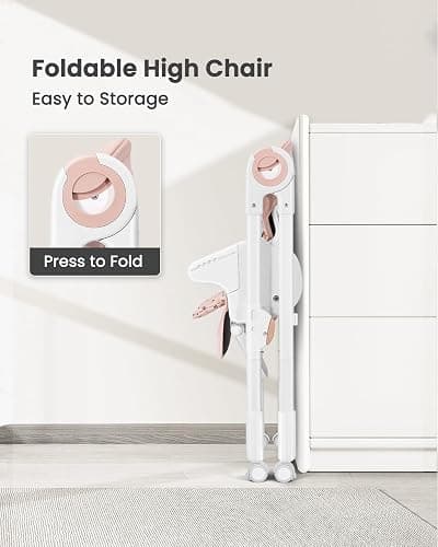 Babilous Foldable High Chair with Soft Cushion, High Chairs for Babies and Toddlers, Height Adjustable Feeding Chair, Adjustable Backrest and Footrest, Lockable Wheels, Star Pink thumbnail 6