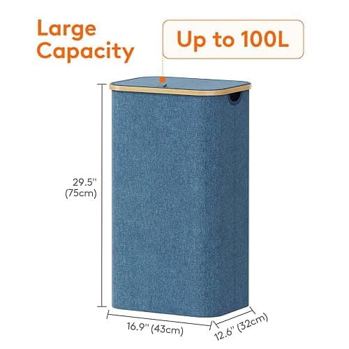 Lifewit 100L Laundry Basket with Lid, Clothes Hampers for Laundry with Bamboo Handles and A Removable Bag, Large Foldable Laundry Hamper for Bedroom, Bathroom, Dorm, Laundry Room, Dark Blue thumbnail 3