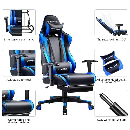 GTRACING Gaming Chair with Footrest, Ergonomic Computer Game Desk Chair, Reclining Game Chair Seat Height Adjustment, Swivel Rocker with Headrest and Lumbar (Blue) - Oceanblue thumbnail 6