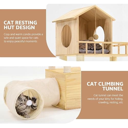 Homiflex Wood Cat Tree with 2 Tunnels, 61''H Pine Wood Cat Tower for Adult Cats, Sturdy & Durable Pet Climbing Systems for Indoor, Multi-Level Wooden Tower with Scratching Posts, Runway, Burlywood thumbnail 6