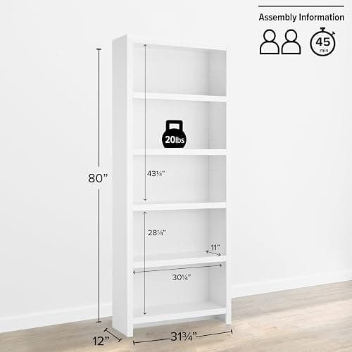 Prepac Moda 5-Tier Tall Wooden Bookcase, White Storage Cabinet, Display Cabinet, Bookshelf with Storage Shelves 31.75" W x 80" H x 12" D for Home Office, Living Room, Bedroom Organizer thumbnail 3