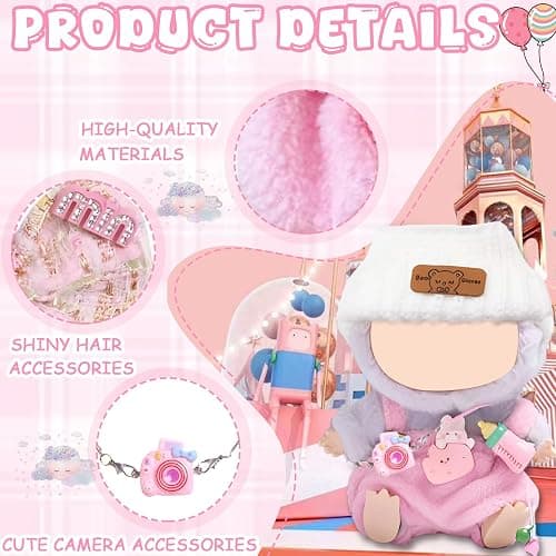 5Pcs Clothes & Accessories for 17cm Dolls, Includes Pink Overalls Bow Hair Clip Camera Bag Hat for Girls Kids Birthday (No Doll) - Pink thumbnail 3
