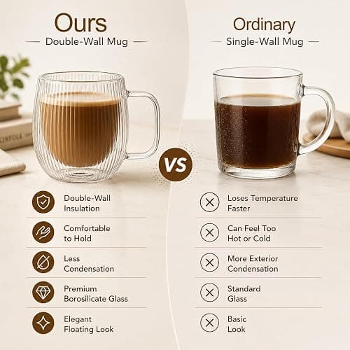 Set of 4 Double Walled Glass Mug Set, 350ml Double Walled Insulated Drinking Glass Coffee Mugs with Handle, Insulated Layer Coffee Cups, Clear Glass Mugs for Latte, Cappuccinos, Tea Bag, Juice thumbnail 5