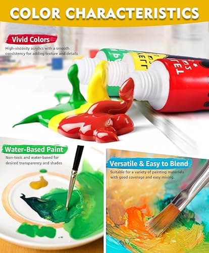 Colorful Acrylic Painting Kit - Paint Supplies Set with 24 Colors, 30 Brushes, 5 Canvases, 1 Pad, 2 Palette, 2 Sponge & 1 Wood Easel - Art Acrylic Paint Set for Beginners, Kids, Adults thumbnail 4