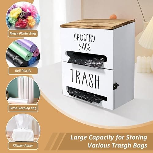 Liuceny 2 in 1 Trash Bag Dispenser, Double Wall Mounted,Wood Trash Bag Holder, used in kitchen, garage, laundry room, can store Environmentally friendly food bags and garbage bags (White) thumbnail 5