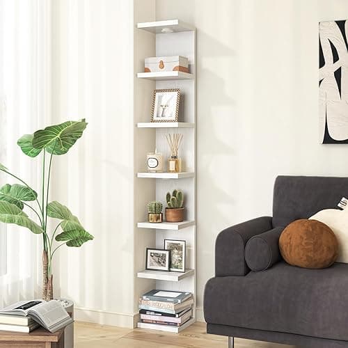 Fixwal 7 Tier Wall Shelves Wood Floating Shelves with LED Lights White Lack Wall Shelf Unit Vanity Floating Shelf Home Decor Organizer Tall Tower Design Utility Shelf thumbnail 6