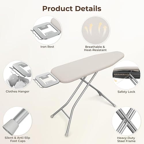 Yaheetech Foldable Ironing Board, Heavy Duty Iron Board with 9 Adjustable Heights, 4 Layer Cover and Safety Iron Rest, 52X14 Compact and Space Save Iron Board for Home Laundry Room Use, Beige thumbnail 6