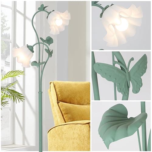 HMVPL Flower Floor Lamp for Living Room, Vintage Floor Lamp with 2 LED 5W Blubs, Foot Switch, Green Standing Lamp with Acrylic Shade, Unique Floral Tall Lamp for Living Room Bedroom Corner Office thumbnail 4