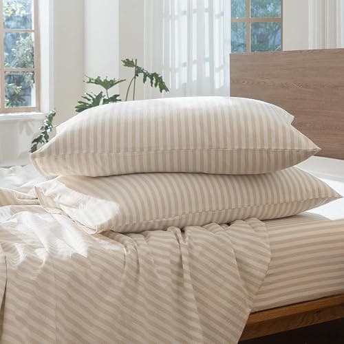 MooMee Striped Duvet Cover Set 100% Washed Cotton Linen Like Textured Breathable Durable Soft Comfy (Almond Milk Grey Classic Stripes, Queen 90"x90") thumbnail 9