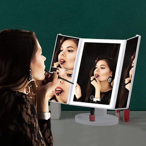 GRIFEMA Specchio per Trucco Trifold con Luce a 32 LED, con Illuminazione, Ingrandimento 3/2/1, Specchio da Tavolo Touch, Regolabile a 180°, USB e Batteria, Bianco thumbnail 2