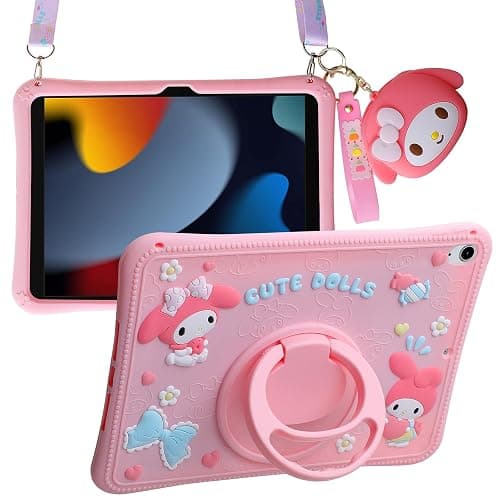 Carechoi Kids Case for iPad (A16) 11th Generation 11 inch 2025 / iPad 10th Gen 10.9" 2022 – Cute 3D Cartoon Silicone Tablet Cover for Girls with 360° Rotating Stand, Adjustable Strap (Pink) - Image 1