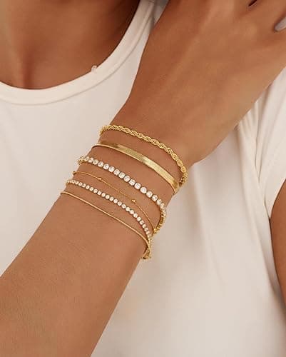 Gold Bracelets for Women 14K Gold Plated Stack Trend Bracelets Charm Paperclip Chain Cuban Link Layered Waterproof Bracelet Dainty Bracelet for Women Jewelry Gifts thumbnail 2