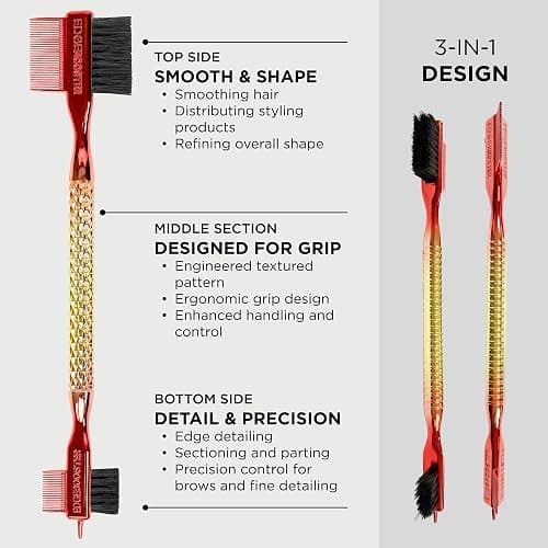 Style Factor EDGE BOOSTER Tri Brush Dual Pin Tail – Double-Sided Edge Control Brush & Comb with Boar Bristles – For Edges, Slick Backs, Baby Hair Styling, and Taming Flyaways (Purple Green/Stripe) thumbnail 5