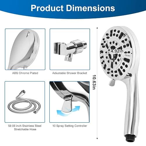 Shower Head,10 mode High Pressure shower head with handheld, Anti-clog Nozzles, Built-in 2 Power Wash to Clean Tub, Tile & Pets, High Flow Hand Held Shower Head, Leakproof 59 Inch Hose&Metal Bracket thumbnail 3