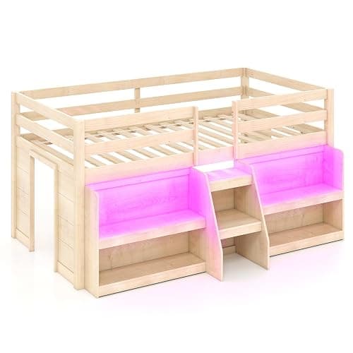 KOTEK Low Loft Bed with LED Lights, Twin Loft Bed with Storage Bookcase & Under-Bed Play Space, Stairs & Guardrails, Loft Bed Frame for Kids (Natural) thumbnail 8