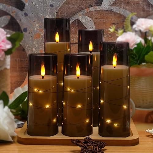 kakoya Flameless LED Candles with Timer 5 Pc Flickering Flameless Candles for Romantic Ambiance and Home Decoration Stable Acrylic Shell,with Embedded Star String，Battery Operated Candles（Grey） thumbnail 6