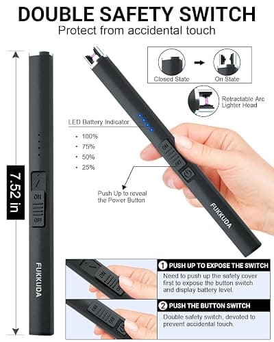 FUKKUDA Electric Candle Lighter with Safety Switch - USB Rechargeable Windproof & Flameless Plasma Arc Lighter, Stocking Stuffers for Women and Men (Obsidian Black) thumbnail 5