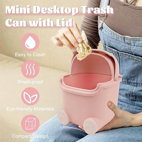 QLFJ-FurDec Tischabfalleimer Klein, Niedlich Mini Desktop-Mülleimer mit 3 Rollen Müllsäcke, Cartoon Tischmülleimer mit Deckel 15.5 * 14 * 23.5cm, Tischabfalleimer für Den Waschtisch (Rosa) thumbnail 4