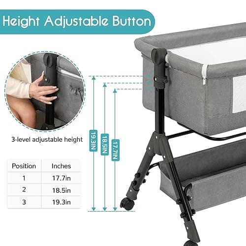 3 in 1 Baby Bassinet Bedside Sleeper, Bedside Crib for Baby, Adjustable Baby Bassinet with Wheels, Storage Basket, Mattress, Easy Assemble & Folding Portable Baby Cradle (Grey) - Grey thumbnail 3