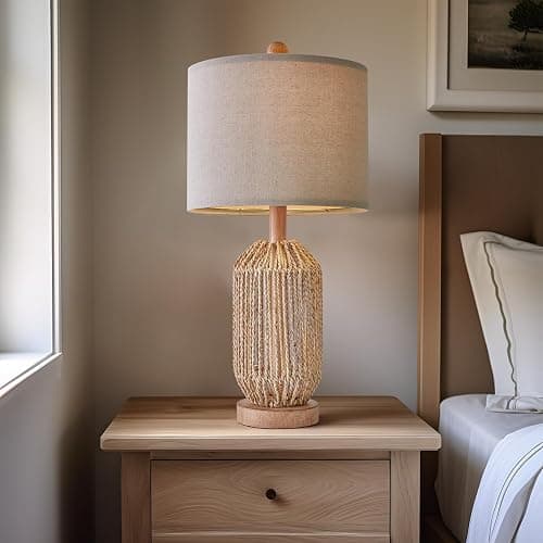 OYEARS 21" Boho Table Lamps Set of 2 for Living Room, Bedside Lamps for Nightstand, Rattan Lamp for Bedroom, Farmhouse Table Lamps for Boho Decor, End Table, Retro, Brown thumbnail 5