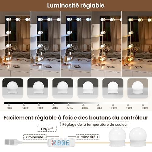 WOLTU Coiffeuse avec Miroir LED, Coiffeuse avec Tabouret Réglable en Hauteur, Table de Maquillage avec 2 Tiroirs 4 Étagères Ouvertes, 108x40x142cm, Bureau Coiffeuse Blanche en Bois, MB6106ws thumbnail 4