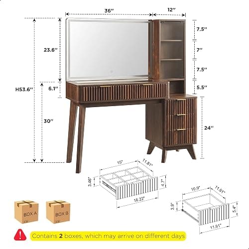 T4TREAM 48" Fluted Makeup Vanity Desk with 36" Lighted Mirror, Dark Walnut | Smart LED Mirror, Visible Glass Top, 5 Drawers & Adjustable Storage Shelves, Charging Station, Bedroom Makeup Storage thumbnail 2