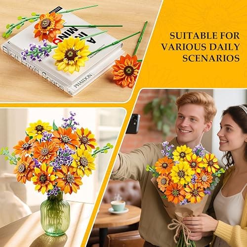 CUBIMANA Flowers Sunflower Bouquet Building Set with Lights - 17 Flowers Botanical Collection Artificial Plant Sunflower Building Blocks Art Home Decor Valentines Gifts for Adults Women Girl (1011PCS) thumbnail 6