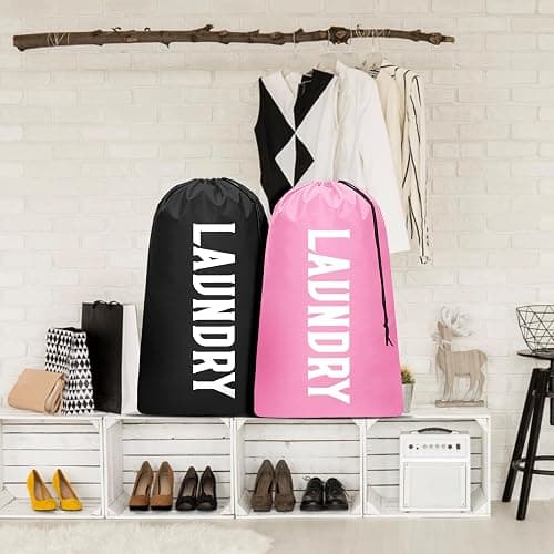 2 Pack XL Travel Laundry Bag, Machine Washable Dirty Clothes Organizer, Large Enough to Hold 4 Loads of Laundry, Easy Fit a Laundry Hamper or Basket (Black + Pink) thumbnail 8