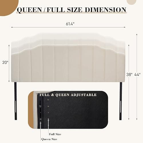 GARTMILAN Upholstered Headboard Adjustable Height Queen/King Headboard Cream Velvet Tufted Modern Vertical Channel Design with Stepped Silhouette Top Edge(Beige Queen) thumbnail 2