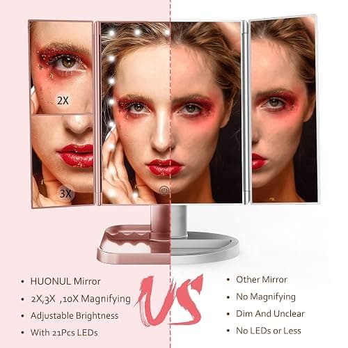 HUONUL Makeup Mirror, 10X 3X 2X Magnification, Lighted Makeup Mirror, Touch Control, Dual Power Supply, Portable LED Mirror, Women Gift (Rose Gold) thumbnail 3