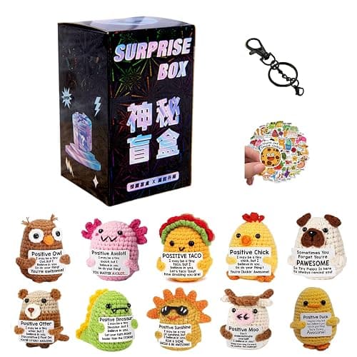 Narottl Handmade Crochet Emotional Support Plush Blind Box Mini Positive Animal Dolls with Inspirational Card, Motivational Sticker & Hook, Hanging & Desktop Gifts for Friend, Coworker & Teacher - Image 1
