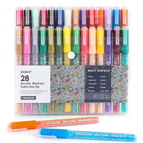 Grabie Acrylic Paint Pens Markers, 28 Colors, 0.7 mm, Extra Fine Tip Drawing Markers, Premium Paint Pens for Painting on Various Surface, Art Supplies, Set of 28 - Image 1