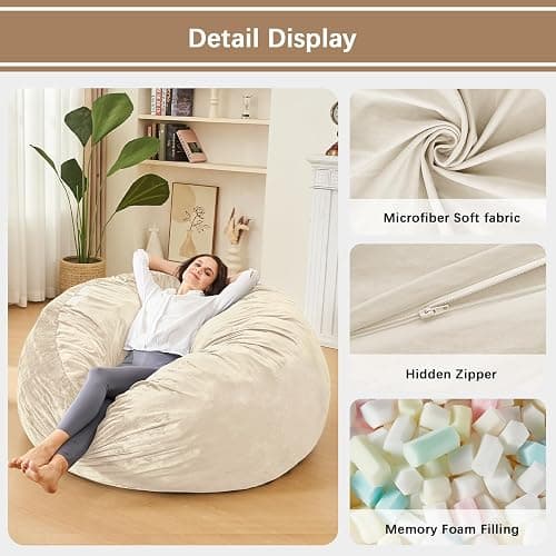 Bean Bag Chairs for Adults - Memory Foam Furniture BeanBag Chair - Teens Sofa with Soft Micro Fiber Cover - Round Fluffy Couch for Living Room Bedroom College Dorm,Medium,White thumbnail 4