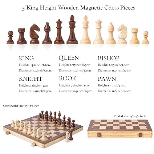 A&A 15" Magnetic Wooden Chess & Checkers Set/Folding Board / 3" King Height German Knight Staunton Chess Pieces/Walnut & Maple Inlaid /2 Extra Queen thumbnail 3