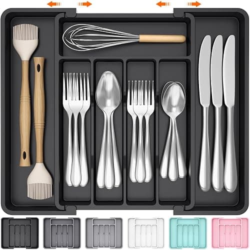 Lifewit Silverware Drawer Organizer, Expandable Utensil Tray for Kitchen, BPA Free Flatware and Cutlery Holder, Adjustable Plastic Storage for Spoons Forks Knives, 8.5"-14.1" x 12.1", Black - Image 1