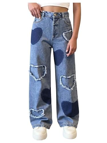 Floerns Girl's Y2k Wide Straight Leg Jeans Elastic Waist Heart Streetwear Baggy Denim Pants - Image 1