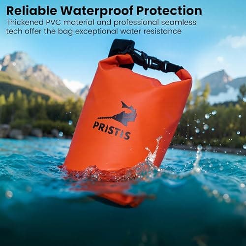 Pristis Waterproof Dry Bag, 10L Lightweight Floating Kayak Storage Backpack for Men Women, Durable Outdoor Roll Top Dry Sack Gear Accessory for Kayaking Fishing Rafting Beach Camping, Orange thumbnail 2