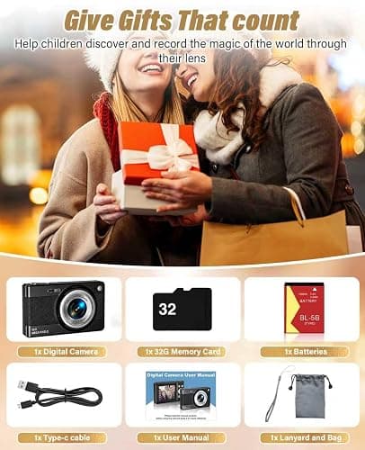 2025 New Digital Camera, 56MP FHD 1080P for Kids with 16x Digital Zoom Anti Shake, Face Detect, Smile Capture, 32GB TF Card, Battery, Lanyard, a Great Gift for Boys & Girls（Black） thumbnail 7