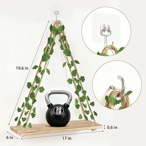 RICHER HOUSE Artificial Ivy LED-Strip Wall Hanging Shelves, Macrame Shelf for Bedroom Bathroom Living Room Kitchen, Wood Hanging Plant Shelves for Wall Décor thumbnail 2