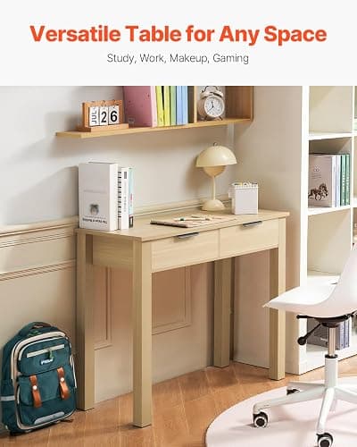 VEVOR Small Desk with Drawers, Wooden Table for Home Office, Small Computer Desk with Storage, Vanity Desk with Drawers, Study Table for Adults/Students for Drawing, Reading, Writing, Light Wood thumbnail 4