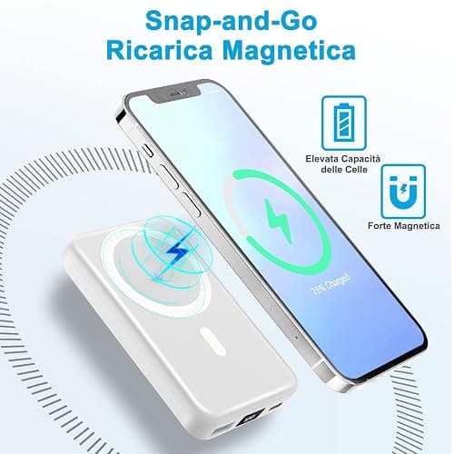 AOGUERBE Power Bank 10000mAh, Caricabatterie Portatile, Wireless Magnetico PowerBank PD 22.5 W Ricarica Rapida con Display LED USB-C Pacco Batteria Compatibile per iPhone 16/15/14/13/12 Serie thumbnail 3
