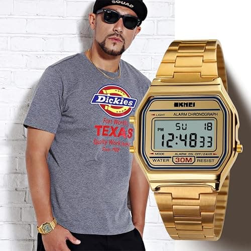 PASOY Men's Digital Gold Stainless Steel Watch Backlit Multifunction Stopwatch Waterproof Sport Watches thumbnail 7