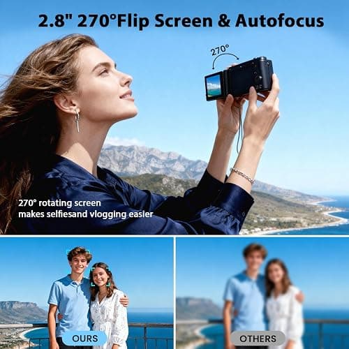 4K Digital Cameras for Photography, Compact Vlogging Camera with Flip Screen, 18X Digital Zoom YouTube Camera, Ideal for Bignners Boys Girls Black thumbnail 5